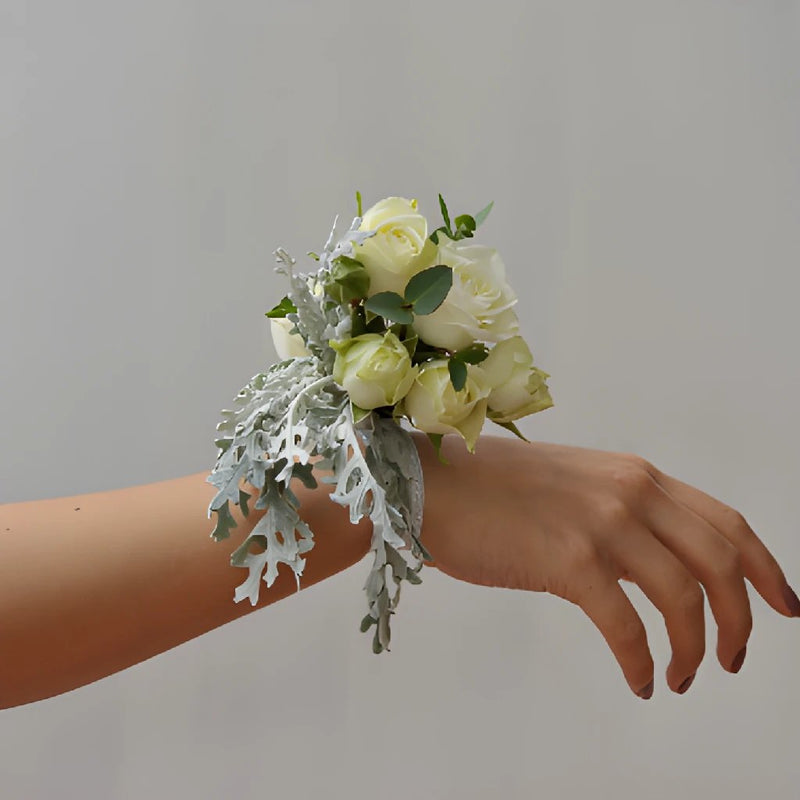Ivory Roses Dusty Miller Corsage