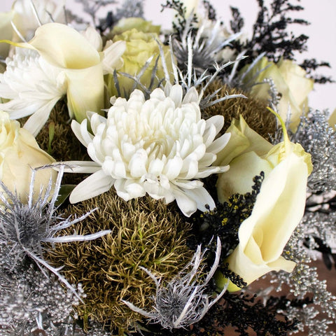 New Beginnings Silver And Gold Flower Bouquet Up Close