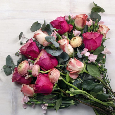 Romantic Orange and Pink Wholesale Flowers FlatLay
