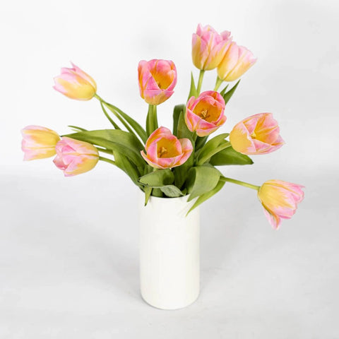 Pink Yellow Tulip Flower Bunch in Vase