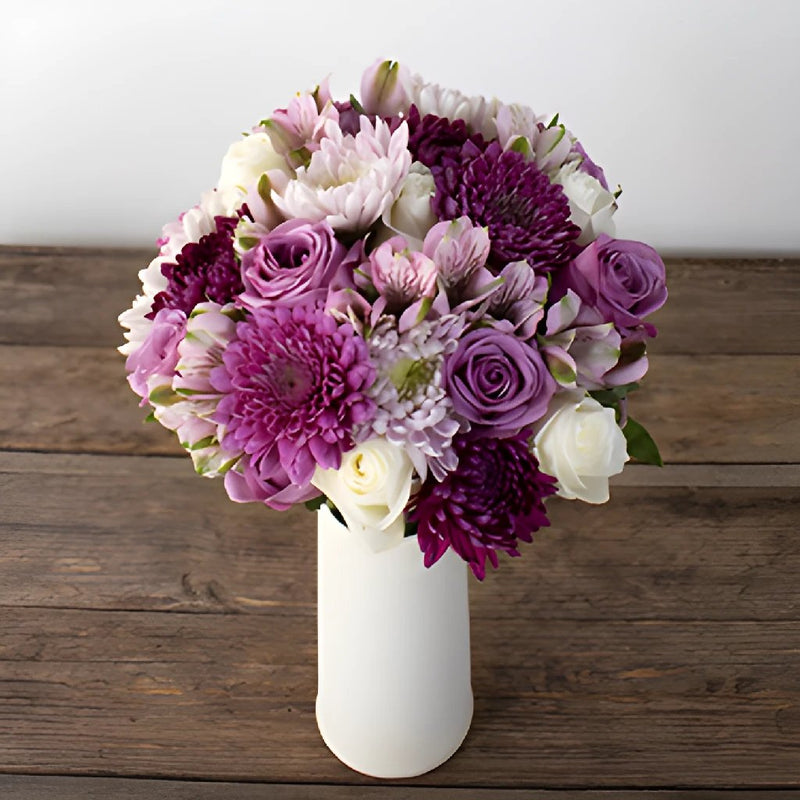 fresh white roses and purple mums for wedding flowers