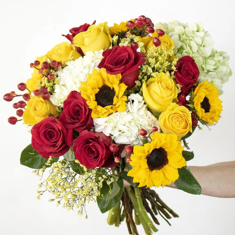 Red and Yellow Sunflower Bouquet in hand