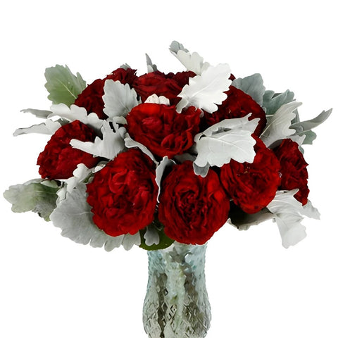 Red Garden Rose and Dusty Miller DIY wedding flowers in vases