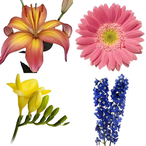 Spring Flowers Lilies, Gerberas, Freesia, and Delphinium DIY Flower Kit Bunch