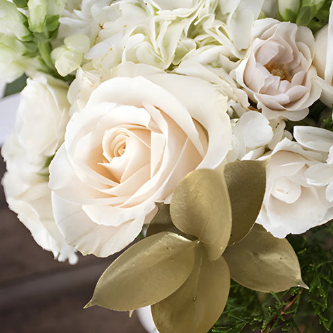 fresh white roses with white hydrangeas in a centerpiece