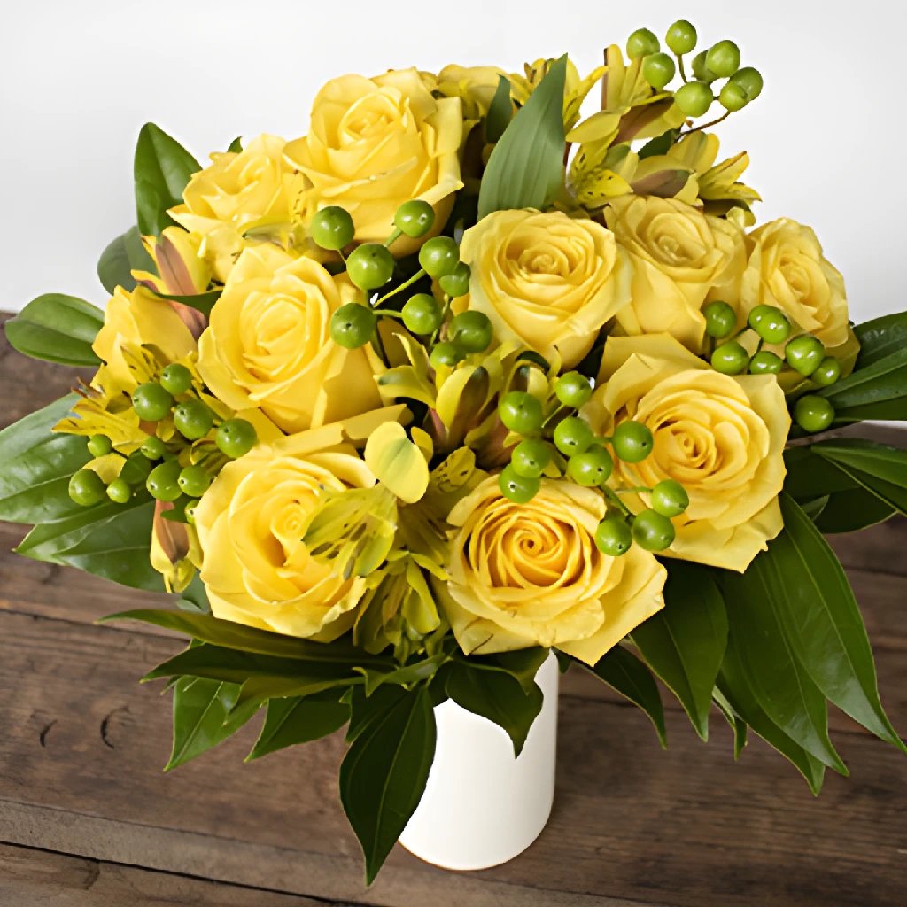 Flowers Natural top Yellow Rose and White Orchid in a Cube Glass Vase